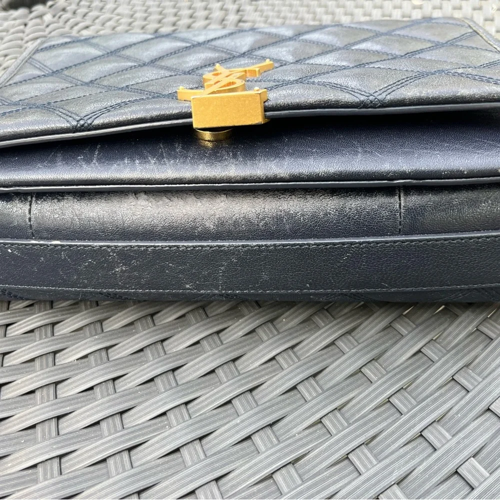 Saint Laurent  Quilted Leather Shoulder Bag in Navy with Gold YSL Logo - Picture 6 of 16